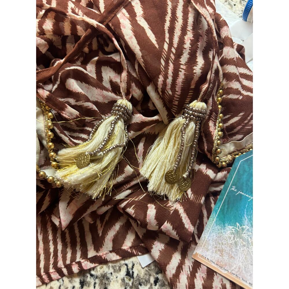 True Destinations Dress L Women's Brown Zebra Print Tassel Cover Up Large NWT - Picture 3 of 5